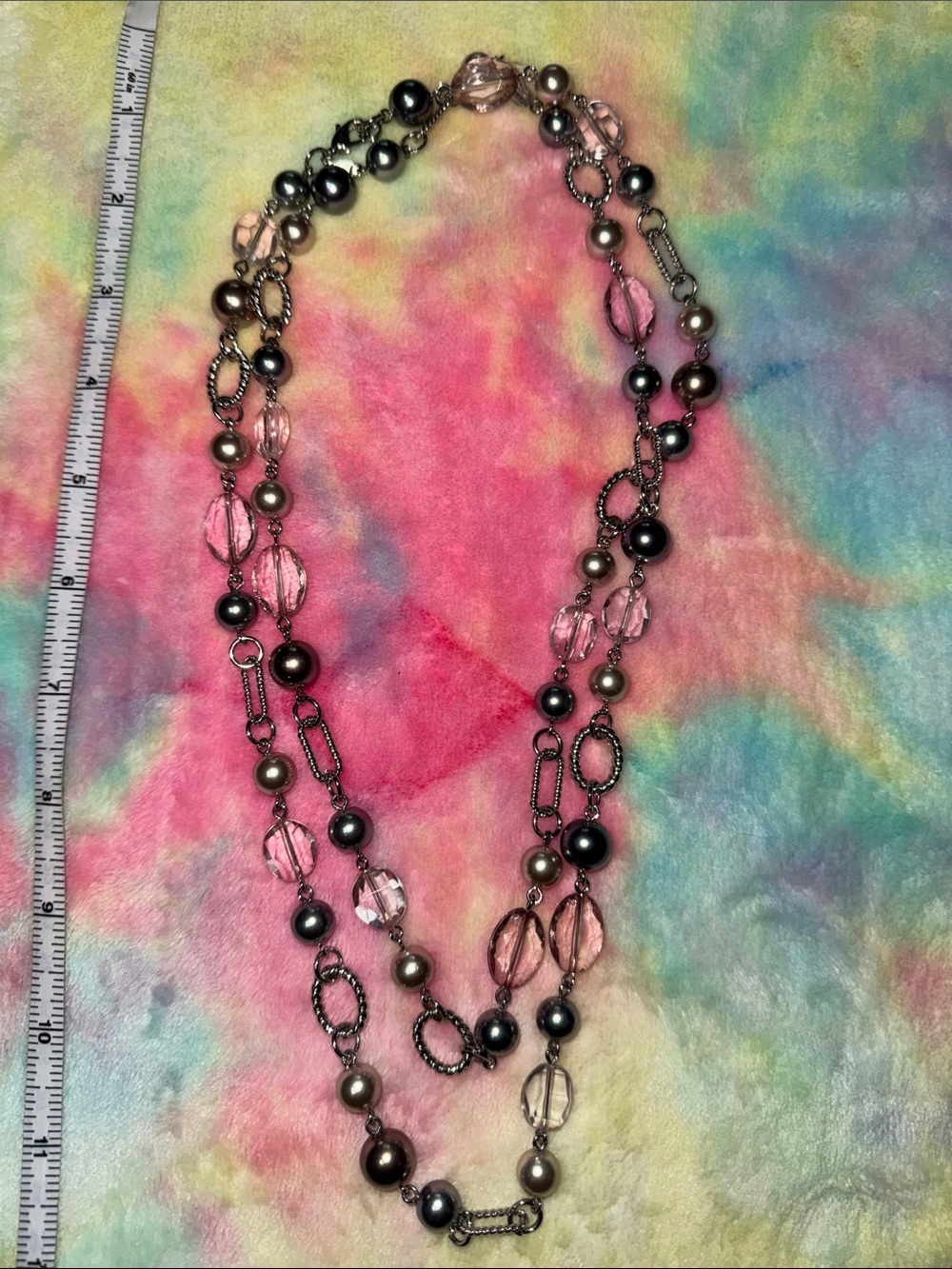 Premier Designs Newport long necklace gray and pink beads with silver